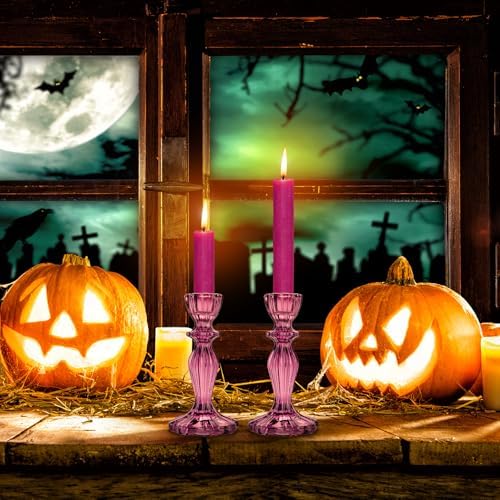 Glass Candle Holders, 2PCS Wide Base Candlestick Holder Decorative Candle Stand Table Centerpieces for Halloween Christmas Wedding Birthday Party, Dark Purple - Image 5
