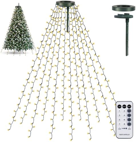 Christmas Tree Lights, 448 LED Christmas Waterfall Tree Topper Lights with 8 Lighting Modes & Remote, 8.2FT X 16 Lines String Light for Indoor Outdoor Yard Party Xmas Decoration, Warm White by TWSHINE