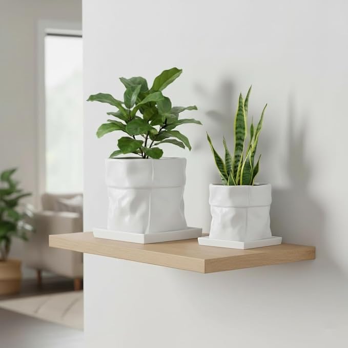 Nihow Ceramic Plant Pot: 8 Inch Planter with Drainage Hole & Square Saucer for Herbs/Plants, Bag Shape Design Flower Pot for Indoor & Outdoor Garden Decor - White | Bag Shape Design,Indoor & Outdoor,Living room/Office/Bedroom/Windowsill/Tabletop,Plant ...