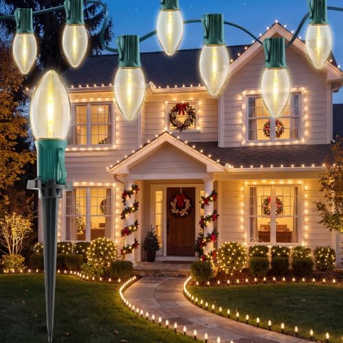 Brightown C9 LED Christmas Pathway Lights, 2 Sets Total 51.4 Ft Lights with 40 Bulbs and Stakes, Extendable Waterproof Christmas Lights for Walkway Driveway Christmas Decorations, Warm White by Brightown