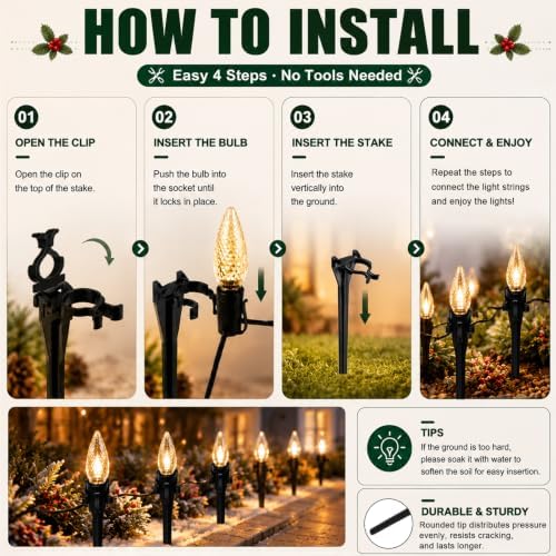 12 Inch Christmas Light Stakes Outdoor Lights Stake 50 Pack Universal Yard Lawn Stake for C6 C7 C9 Christmas Pathway Lights Holiday Light Stakes for Christmas Decorations Outdoor Garden Patio(Black) - Image 4