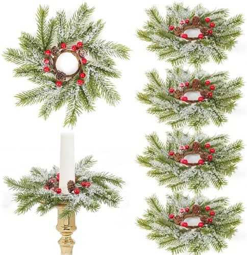 6 PCS Christmas Pine Taper Candle Rings Wreaths 1.38" Mini Snowy Pine Taper Candle Holder Wreaths Candle Rings with Berry Pinecones for Xmas Winter Church Home Table Centerpiece Candlesticks Decor by Unknown