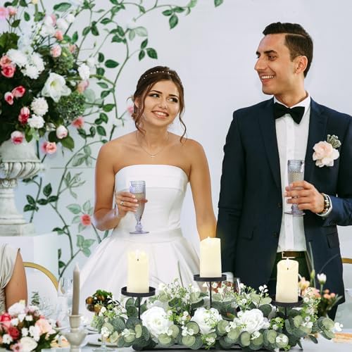Zonon 21.6'' Wedding Candle Holder Centerpiece 3 Wick Electronic Candle Holder with Eucalyptus Leaves Roses for Wedding Party Decoration - Image 4