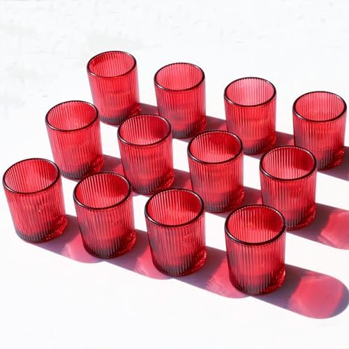 VOHO Red Candle Holders Set of 12, Ribbed Glass Votive Candle Holders Bulk - Image 5