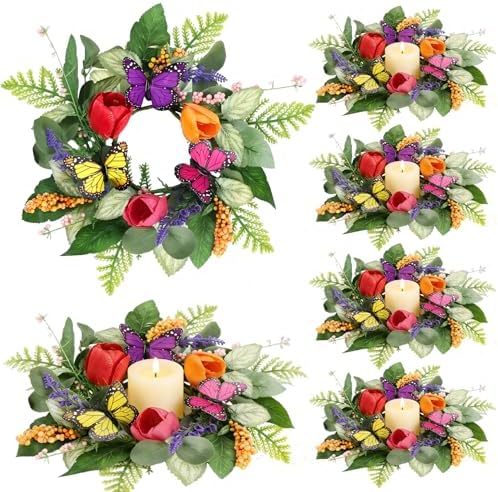 6 PCS Spring Lavender Tulips Candle Rings Wreaths Artificial Floral Pillar Candle Holder Wreaths with Butterfly Mini Spring Summer Candle Rings for Table Centerpiece Home Farmhouse Cabinet Porch Decor by Unknown