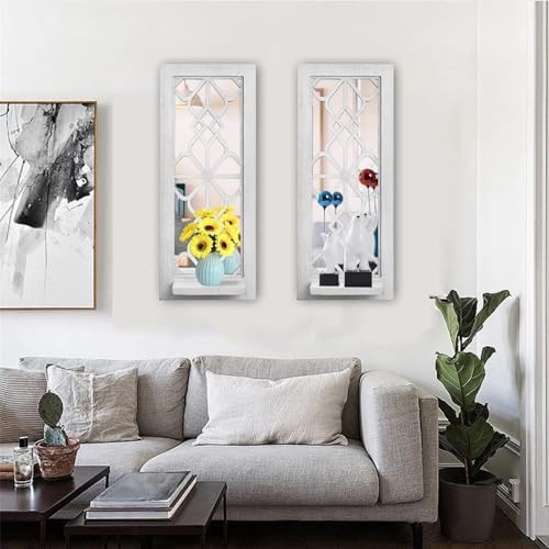 ZEXUIRU 2 Set Rustic Candle Sconces Living Room Bedroom Entryway Wood Mirrored, Farmhouse, Carved Frame Wall-Mount Wooden Candle Holders Wall Decor Hanging Handmade Holder - Distressed White - Image 5