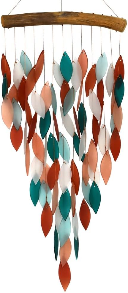 Blue Handworks Coral and Teal Deluxe Waterfall Glass Wind Chime | Handcrafted Deluxe Waterfall Glass Wind Chime in Deep Forest Teal, Bright Aqua, Vivid Coral Orange and Soft Peach