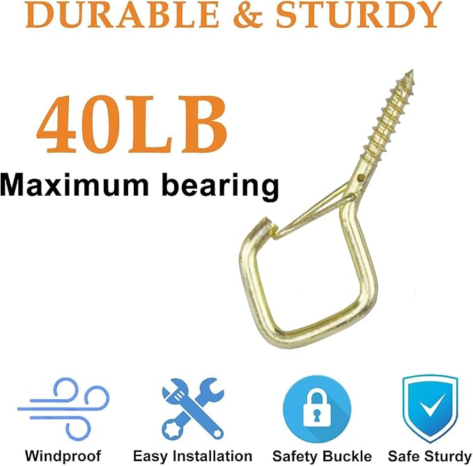12-Pack Heavy-Duty Golden Screw Eye Hooks with Safety Clips | Metal Ceiling Hooks for Hanging Plants, Wind Chimes, Bird Feeders & Indoor/Outdoor Lights