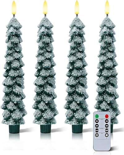 Stmarry 4 PCS Flameless Christmas Tree Candles with Remote, Snow Covered Real Wax Flameless Taper Candles 9.65 Inch, LED Candlesticks Battery Operated with 3D Flickering Flame, Christmas Candles Decor by Stmarry