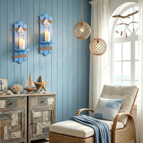 DETENE Wooden Wall Candle Holder 2 Pack, Nautical Beach Wall Sconce Decor - Image 2