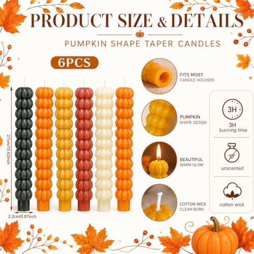 6Pcs Pumpkin Taper Candles, Unscented Halloween Fall Table Decor - Image 2