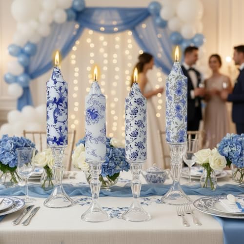 5 Inch Blue and White Short Taper Candles Hand Poured Smokeless Unscented Porcelain Style Chinoiserie Floral Candles for Wedding Nautical Dinner Home Decor Housewarming Gift Mother's Day Meditation - Image 2
