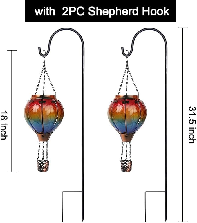2PCS Solar Hot Air Balloon Flickering Flame Hanging Garden Light with Shepherd's Hooks, 18" H Waterproof Glass Outdoor Lantern for Yard Patio, Mother's Day Gift, Colorful-2PCS