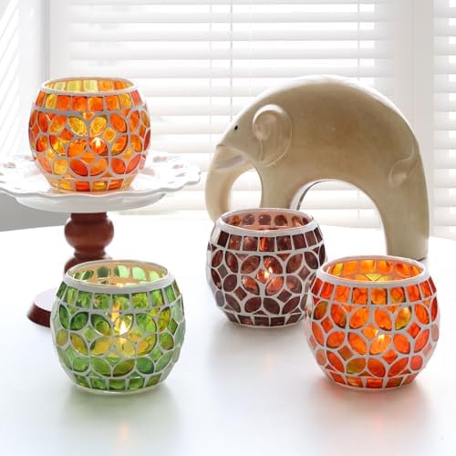 SHMILMH Mosaic Candle Holders Set of 4, Handmade Glass Tealight Votive Holders, Fall Thanksgiving Diwali Decor, Autumn Wedding Party Table Centerpiece, Brown Orange Green - Image 6