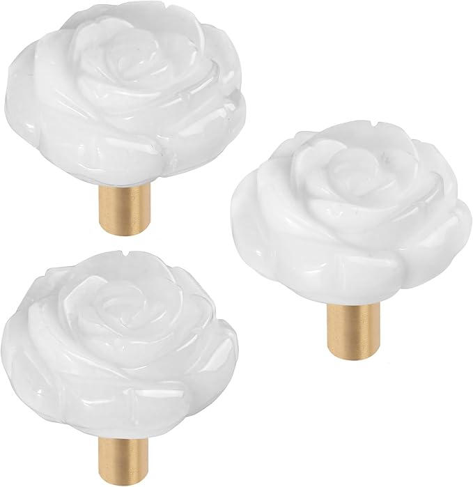 mookaitedecor Set of 4 Natural White Jade Crystal Cabinet Knobs with Screws, Decorative Floral Stone Drawer Pulls for Dresser Door Kitchen