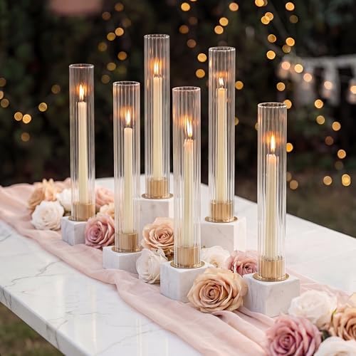 NUPTIO Candlestick Holder with Fluted Hurricane: Set of 6 Metal Candle Holders with Glass Cylinders - Gold Taper Candleholders for Birthday Valentine Wedding Table Centerpiece Outdoor Decor by Nuptio