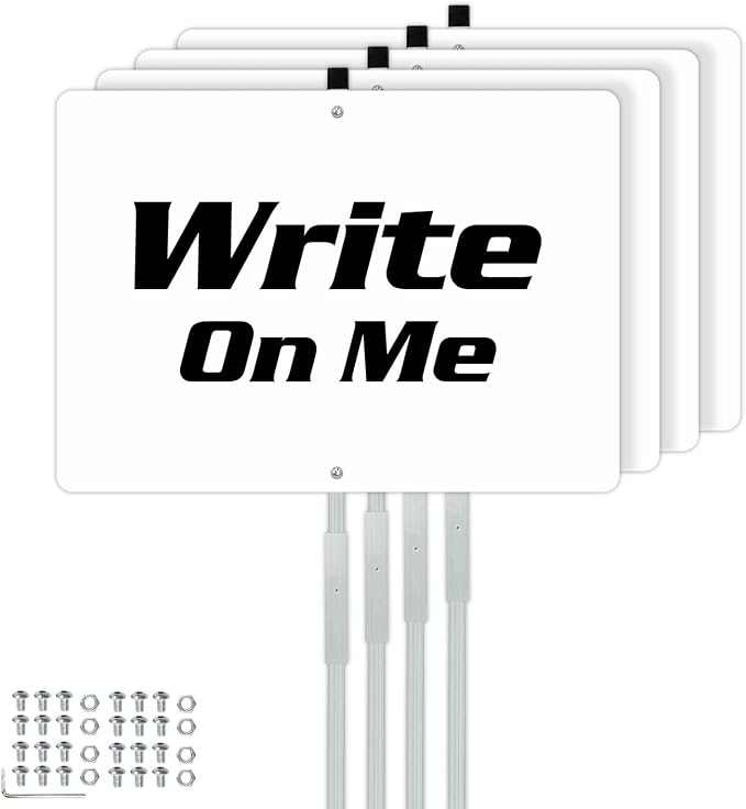 Faittoo Blank Metal Sign with 42" Stake, 4-Pack 14 x 10 Inches Rust Free Aluminum, UV Protected, Waterproof, Weather Resistant, Durable Ink, Includes Matching Screws & Wren, Easy to Mount
