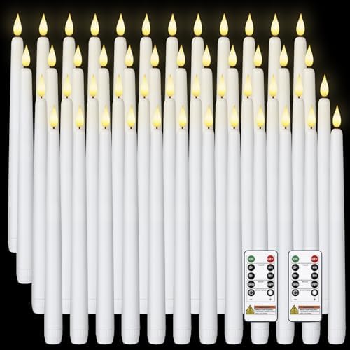 Homemory 48Pcs 11 inches White LED Taper Candles, Flameless Taper Candles with Remote Timer Dimmer, Plastic Battery Operated Candlesticks with Flickering Flame for Halloween Christmas Wedding Party by Homemory