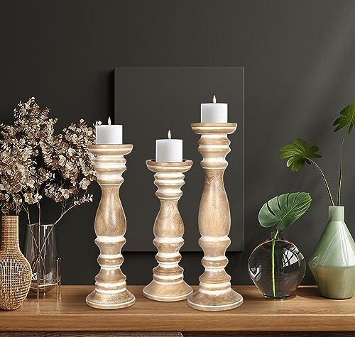 Rustic Farmhouse Wood Pillar Candle Holder Set of 3- Vintage Tall Candle Stands for Table Centerpiece, Decorative Candle Holder for Dining Room, Fireplace, Living Room - Size: 16", 14", 12" White Wash - Image 3
