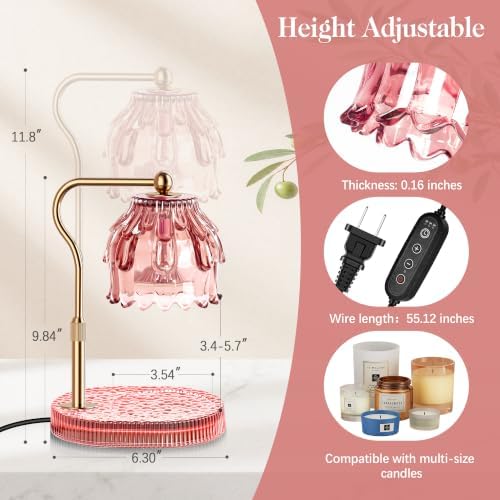 Candle Warmer Lamp with Timer Dimmer, Modern Wax Warmer for Scented Wax Jar Candle Warmer with 2 Bulbs, Adjustable Height Glass Lamp for Women, House Warming Gifts, Gold Pink - Image 6