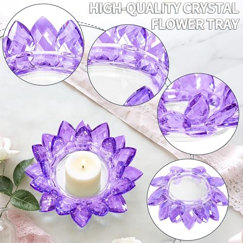 Large Crystal Lotus Tealight Candle Holder for Up to 6" Diameter Pillar Candle Plate Candlestick,Chunky Glass Votive Stand for Wedding, Party, Table Centerpiece Decor and Yoga Meditation (2, Purple) - Image 3