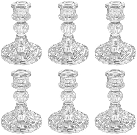 Glass Candlestick Holders, Clear Taper Candle Holders, Set of 6 by ECHFSM