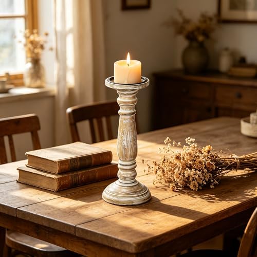 Hosley Farmhouse Wood Pillar Candle Holders Set of 2 – 12” Distressed Finish Tall Candlesticks for Table Centerpieces, Living Room, Wedding & Rustic Home Décor - Image 6