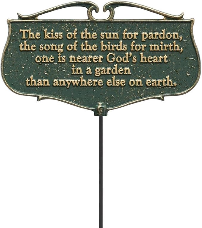 Cast metal Garden Sign "The Kiss of The Sun..." Poem Sign, Green/Gold, Aluminum