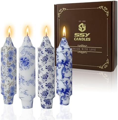 NJAO HOO Floral Taper Candles 5 Inch Short Candlesticks Hand Printed Blue and White Candlesticks Unscented Tapered Candle Set for Spring Home Garden Decor, 4Pcs Mix - Image 6
