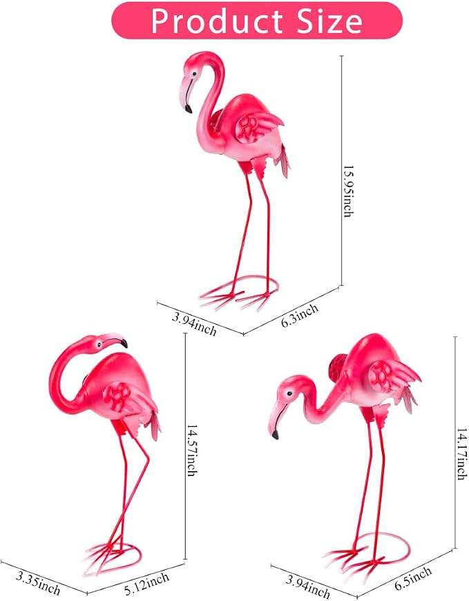 3Pcs Pink Flamingo Yard Decor 15" Metal Yard Art Outdoor Sculptures | Garden Statues for Outside Lawn Ornament Home Patio Backyard Décor Porch Pool Deck Decorations Set Of 3 Tropical Present