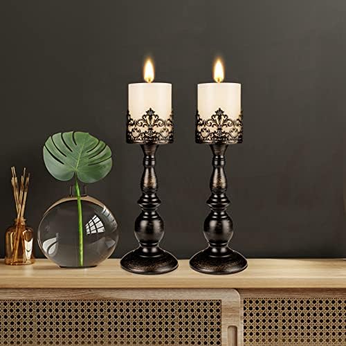 Candle Holders for Pillar Candles Gothic Distressed Black Vintage Tall Candle Holders Set of 2 Decorative Large Table Centerpieces Candle Stand Decor (Distressed Black 2PCS A) - Image 4