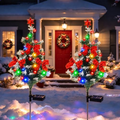 Solar Christmas Trees for Outside, Waterproof Pathway Stake Lights, 2 Pack by JOHUNT