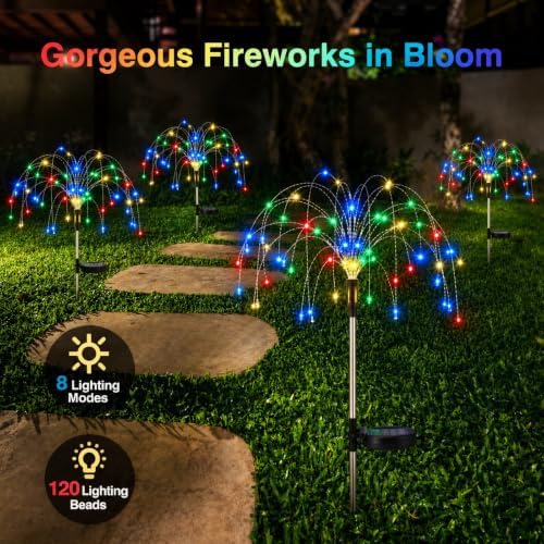 Lewondr 4 Pack Firework Solar Garden Lights Outdoor 8 Modes - Image 2