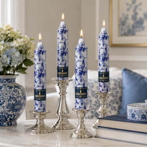 Chinoiserie Taper Candles 7inch, Blue and White Candle 4 Pack by Gedengni