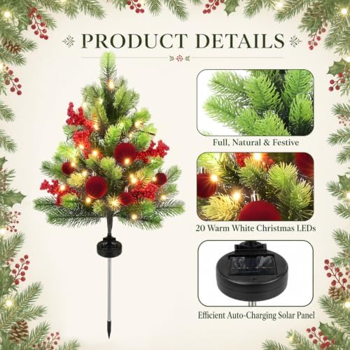 Woanger 2 Pack Velvet Ball Outdoor Solar Christmas Tree Stake Lights, 29 in - Image 4