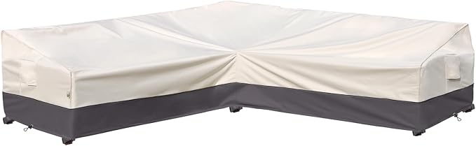 Outdoor Sectional Cover L Shaped Patio Furniture Covers Waterproof Rip-Stop Anti-UV 600D Heavy Duty Couch Sofa Cover with 3 Air Vent (Beige & Charcoal, V-Shaped-105''X105'')