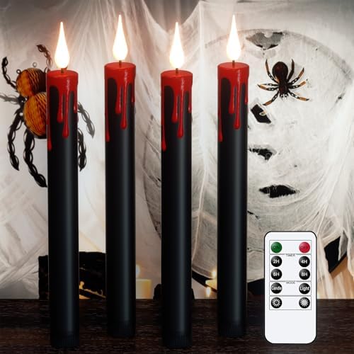 GenSwin Halloween Black Taper Flameless Candles Battery Operated with Remote Timer, 4 Pcs Drip Wax Flameless LED Candle Sticks with 3D Flickering Flame for Window Fireplace Decor (0.78 x 8.9 inches) by GenSwin