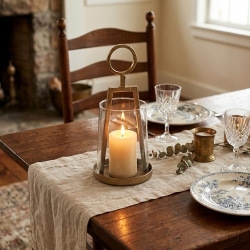 Small Farmhouse Hurricane Candle Holder (4.3" W x 9.2" H), Antique Brass - Image 4