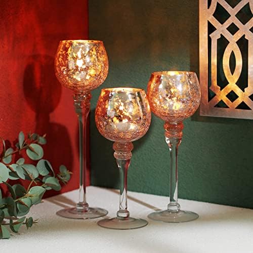 Hosley® Elevate Ambiance with Set of 3 Crackle Rose Gold Glass Tealight Holders 12 Inch, 10 Inch, 9 Inch Sophisticated Decor for Chic Candle Displays - Image 4