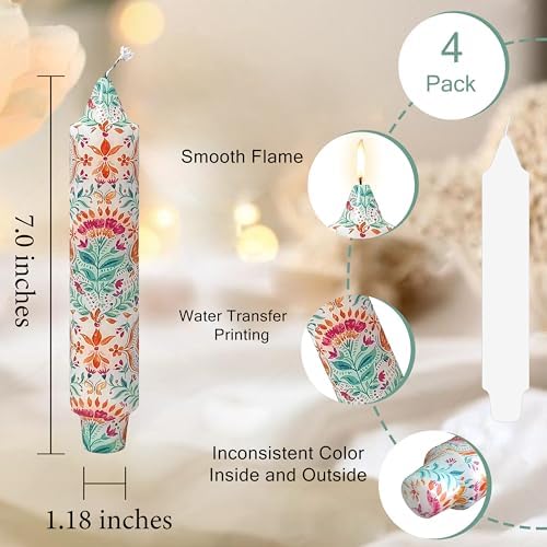 7 inch Short Candle Floral Candle Sticks Printed Candlestick Handmade Unscented Taper Candle 4 Pack Vintage Flower Tapered Candles for Bohemia Home Dinner Wedding Holiday - Image 3