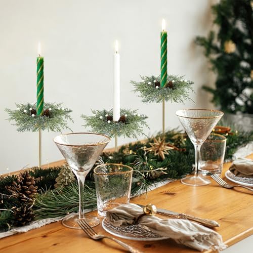 2 PCS Christmas Pine Taper Candle Rings Wreaths 1.38" Mini Norfolk Cedar Taper Candle Holder Wreaths Candle Rings with Berry Pinecones for Xmas Winter Church Home Table Centerpiece Candlesticks Decor - Image 5