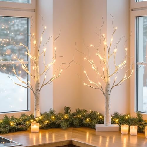 2 Pcs Lighted Birch Tree Battery Powered Tabletop Tree Decorations for Home Fireplace Party Christmas Decorations (22 Inch) by Vanthylit