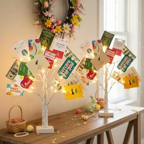 EAMBRITE Money Tree Gift Holder, Gift Card Tree 2FT 24LED, Lighted Birch Trees Battery/USB Powered Timer Photo Display with 24 Clips and 12 Cards for Home Graduation Christmas Picture Memo 2 Pack - Image 2