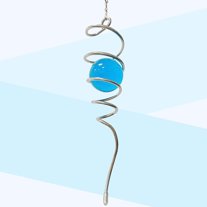 Gazing Ball Spiral Tail with Blue Glass Orb,Wind Spinner Tail Hanging Rotating Art Decor,Wind Spinners Stabilizer Sun Catcher,Wind Spinner Spiral Indoor Outdoor Garden Decoration-13in