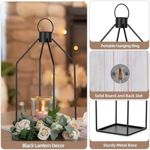 Candle Sconces Wall Decor: Set of 2 Farmhouse Wood Candle Holder Indoor Black Metal Lantern Rustic Decorations for Living Room Front Porch Yard - Image 3
