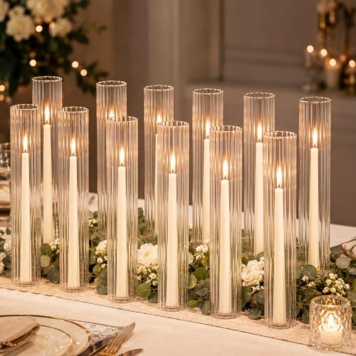12 Pcs Ribbed Hurricane Glass Candle Holders, 2.5" W x 14" H by Kritkin