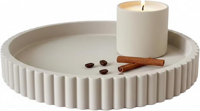 13" Round Concrete Decorative Centerpiece Tray for Coffee Table Grey | Modern minimalist centerpiece tray for coffee table, living room, dining & office storage display, sturdy tabletop home decor