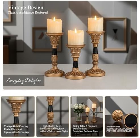 Resin Pillar Candle Holders Set of 3 – an Antique Gold Frame with Engraved Decorations (9", 7.5", 6") with 3.1" Tray & Velvet Anti-Slip Base for Table Centerpiece and Fireplace Mantel Decor - Image 5