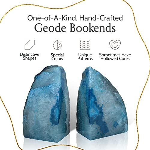 Nature's Decorations Teal Agate Bookends – A+ Grade Geode Heavy Duty Decorative Stone Crystal Book Ends for Shelves & Bookcases, Natural Polished Bookshelf Decor, 1 Pair 3-4Lbs