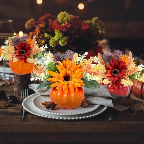 Set of 6 Mini Fall Pumpkin with Artificial Flower Decorations Thanksgiving Sunflower Centerpieces for Tables Harvest Fall Table Floral Decor Autumn Fireplace Mantle Living Room Home Kitchen Party - Image 3